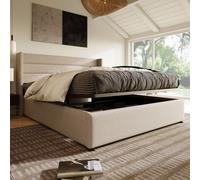 Flieks Lit rembourré 140x200cm, Boxspring Lit double avec espace de rangement et sommier à lattes, Lit de rangement hydraulique Lit fonctionnel pour jeunes, Lin, Beige
