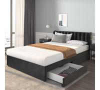 Flieks Lit rembourré 140x200cm Lit double avec sommier à lattes et 2 tiroirs, Lit de rangement en bois Lit fonctionnel velours, sans matelas, noir