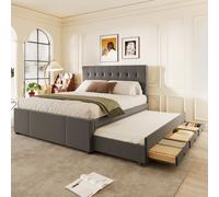 Flieks Lit rembourré 140x200cm Lit double avec sommier extensible, lit en bois massif avec sommier à lattes et 3 tiroirs, lit de rangement Lit d'invité Lit de jour