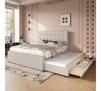 Flieks Lit rembourré 140x200cm Lit double avec sommier extensible, lit en bois massif avec sommier à lattes et 3 tiroirs, lit de rangement Lit d'invité Lit de jour