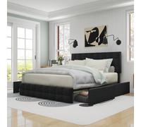 Flieks Lit rembourré 140x200cm Lit double avec tiroirs et sommier à lattes, Lit de rangement Lit fonctionnel en bois Lit matrimonial Lit pour adolescents, Matériau lin, Noir
