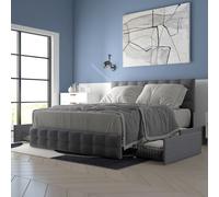 Flieks Lit rembourré 140x200cm lit double avec tiroirs et sommier, lit de rangement lit fonctionnel en bois lit matrimonial, matériau en lin, gris
