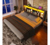 Flieks Lit rembourré 140x200cm Lit double avec USB et Led, Lit en bois massif avec sommier à lattes et tête de lit, Lit de rangement Lit fonctionnel
