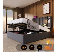 Flieks Lit rembourré 160x200cm avec lampe de lecture, Lit double de rangement Lit boxspring avec fonction de chargement (USB, type-C), Lit pour jeunes avec sommier à lattes, coton