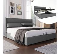 Flieks Lit rembourré 160x200cm avec sommier à lattes, Lit Boxspring avec tête de lit réglable, Lit double avec espace de rangement, Lit de jeune avec espace de rangement, Lin, Gris
