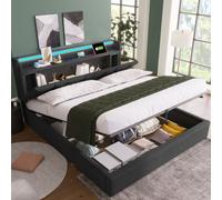Flieks Lit rembourré 160x200cm avec sommier à lattes, lit boxspring hydraulique avec espace de rangement, lit double de rangement avec tête de lit de rangement et LED, lin, gris