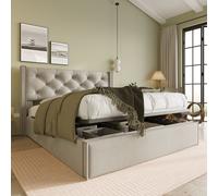 Flieks Lit rembourré 160x200cm avec sommier à lattes, lit boxspring hydraulique avec espace de rangement, lit double avec cadre de lit lit de rangement lit fonctionnel, gris clair