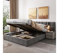 Flieks Lit rembourré 160x200cm avec USB et lampe de lecture, Lit Boxspring avec sommier à lattes, Lit double avec rangement, Lit fonctionnel à rangement, Velours, Gris