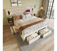 Flieks Lit rembourré 160x200cm avec USB et lampe de lecture, lit double de rangement avec table de nuit et 4 tiroirs, lit en bois lit fonctionnel, velours, beige