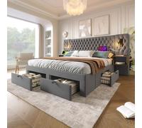 Flieks Lit rembourré 160x200cm avec USB et lampe de lecture, lit double de rangement avec table de nuit et 4 tiroirs, lit en bois lit fonctionnel, velours, gris