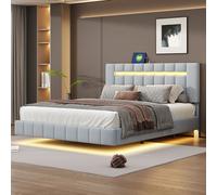 Flieks Lit rembourré 160x200cm avec USB et LED, Lit double pour adolescents avec sommier à lattes, Lit fonctionnel Lit classique en bois, Lin, Gris