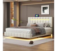 Flieks Lit rembourré 160x200cm avec USB et LED, Lit double pour jeunes avec sommier à lattes, Lit fonctionnel Lit classique en bois, Lin, Beige
