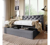 Flieks Lit rembourré 160x200cm Boxspring hydraulique avec sommier, cadre de lit et sommier à lattes, lit de rangement lit fonctionnel, coton, gris