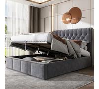 Flieks Lit rembourré 160x200cm lit double avec sommier à lattes, lit boxspring hydraulique avec espace de rangement et tête de lit, lit de rangement lit fonctionnel lit conjugal tissu velours, gris