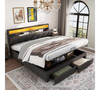 Flieks Lit rembourré 180x200cm avec 2 tiroirs, Lit Boxspring avec espace de rangement et sommier à lattes, Lit double avec Led et tête de lit de rangement, Lit de rangement pour adolescents, Lin, Gris