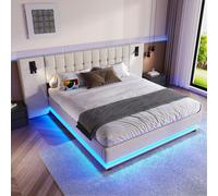 Flieks Lit rembourré 180x200cm avec lampe de lecture et USB, Lit double en bois avec Led, Lit jeune Lit classique avec sommier à lattes, Lin, Beige