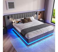 Flieks Lit rembourré 180x200cm avec lampe de lecture et USB, Lit double en bois avec Led, Lit jeune Lit classique avec sommier à lattes, lin, gris
