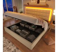 Flieks Lit rembourré 180x200cm avec sommier à lattes et espace de rangement, Lit Boxspring avec Led Cadre de lit, Lit double Lit de rangement Lit fonctionnel similicuir, Blanc