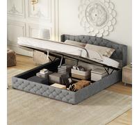 Flieks Lit rembourré 180x200cm avec sommier à lattes, Lit Boxspring avec espace de rangement, Lit double Jeunesse Lit en bois, Lin, Gris