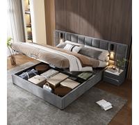 Flieks Lit rembourré 180x200cm avec USB et lampe de lecture, Lit Boxspring avec sommier à lattes, Lit double avec rangement, Lit fonctionnel à rangement, Velours, Gris