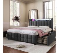 Flieks Lit rembourré 180x200cm avec USB et prises de courant, lit double pour adolescents avec 4 tiroirs, lit de rangement en bois massif avec LED et sommier à lattes, lin, gris