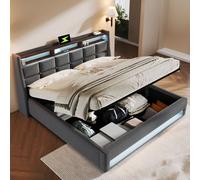 Flieks Lit rembourré 180x200cm avec USB, lit double pour adolescents avec sommier à lattes et espace de rangement, lit de rangement avec LED, lin, gris