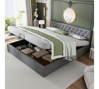 Flieks Lit rembourré 180x200cm, Lit Boxspring avec espace de rangement et sommier à lattes, velours Lit double en bois Lit fonctionnel, Gris