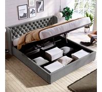 Flieks Lit rembourré 180x200cm, Lit Boxspring hydraulique avec sommier à lattes, Lit de rangement Lit double avec espace de rangement, Lit fonctionnel velours, Gris