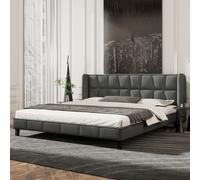 Flieks Lit rembourré 180x200cm Lit double avec sommier à lattes et tête de lit, lit en bois pour adolescents velours, lit fonctionnel lit matrimonial, Gris
