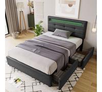 Flieks Lit rembourré 90x200 cm avec sommier à lattes et 2 tiroirs, lit simple pour jeunes avec LED et tête de lit réglable en hauteur, linge de lit