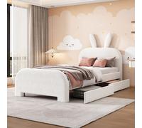 Flieks Lit rembourré 90x200cm avec 2 tiroirs, Lit d'enfant Lit d'adolescent avec tête de lit en motif d'oreilles de lapin, Lit simple Lit de rangement, Plush, Blanc