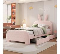 Flieks Lit rembourré 90x200cm avec 2 tiroirs, Lit d'enfant Lit d'adolescent avec tête de lit en motif d'oreilles de lapin, Lit simple Lit de rangement, Plush, Rose