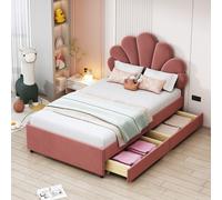 Flieks Lit rembourré 90x200cm avec 2 tiroirs, lit simple lit d'adolescent lit d'enfant avec tête de lit en forme de fleur, lit classique, velours, rose
