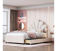Flieks Lit rembourré 90x200cm avec 2 tiroirs, Lit simple Lit d'adolescent Lit d'enfant avec tête de lit en forme de fleur, Lit classique, Velours, Beige