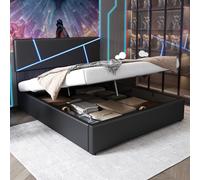 Flieks Lit rembourré 90x200cm avec LED, Boxspring lit adolescent avec sommier à lattes, lit de rangement lit simple en bois massif, PU, noir