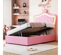 Flieks Lit rembourré 90x200cm avec sommier à lattes, Lit d'adolescent Lit d'enfant avec Led, Lit simple avec formation de couronne, Lit de rangement hydraulique, PU, Rose
