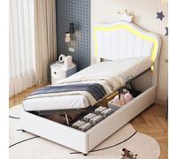 Flieks Lit rembourré 90x200cm avec sommier à lattes, lit d'adolescent lit d'enfant avec Led, lit simple avec formation de couronne, lit de rangement hydraulique, PU, blanc