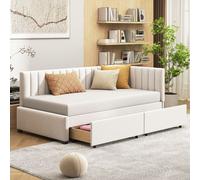 Flieks Lit rembourré 90x200cm avec sommier à lattes, Lit de jour Canapé-lit avec 2 tiroirs, Lit simple Lit d'invité Lit de jour Lit de jeune Canapé-lit, Velours, Beige