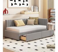 Flieks Lit rembourré 90x200cm avec sommier à lattes, Lit de jour Canapé-lit avec 2 tiroirs, Lit simple Lit d'invité Lit de jour Lit de jeune Canapé-lit, Velours, Gris