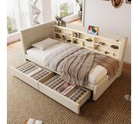 Flieks Lit rembourré 90x200cm avec tiroirs, lit de jour Daybett avec Usb et Type-c, lit simple lit d'adolescent Sofabett avec étagères, lin, beige