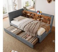 Flieks Lit rembourré 90x200cm avec tiroirs, lit de jour Daybett avec Usb et Type-c, lit simple Lit d'adolescent Sofabett avec étagères, lin, gris