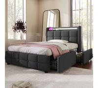 Flieks Lit rembourré 90x200cm avec USB et prises de courant, Lit pour adolescents Lit simple avec 2 tiroirs, Lit de rangement Lit en bois massif avec LED et sommier à lattes, Lin, Gris