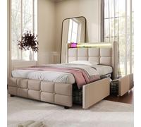 Flieks Lit rembourré 90x200cm avec USB et prises de courant, Lit pour adolescents Lit simple avec 2 tiroirs, Lit de rangement Lit en bois massif avec LED et sommier à lattes, Lin, Beige