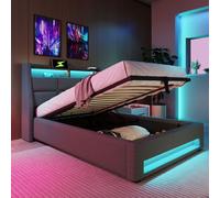 Flieks Lit rembourré 90x200cm avec USB, Lit pour adolescents Lit simple avec sommier à lattes et espace de rangement, Lit de rangement avec LED, Lin, Gris