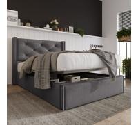 Flieks Lit rembourré 90x200cm Boxspring hydraulique avec sommier, cadre de lit et sommier à lattes, lit de rangement lit fonctionnel, coton, gris