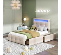 Flieks Lit rembourré 90x200cm, Lit d'enfant avec tiroirs et sommier à lattes, Lit d'adolescent simple avec Led, Lit en bois pour femme enfant adolescent, Lin, Beige