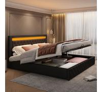 Flieks Lit rembourré avec espace de rangement et sommier à lattes, Boxspring 180x200cm lit double avec Led, lit fonctionnel avec espace de rangement,noir