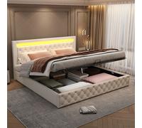 Flieks Lit rembourré avec espace de rangement et sommier à lattes, Boxspring 180x200cm lit double avec Led, lit fonctionnel avec espace de rangement,blanc