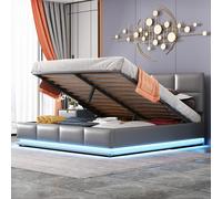 Flieks Lit rembourré avec LED, Boxspring hydraulique 160x200cm avec sommier à lattes et espace de rangement, Lit double en bois Lit pour adolescents Similicuir, Gris