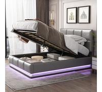 Flieks Lit rembourré avec LED, lit boxspring hydraulique 140x200cm avec sommier à lattes, espace de rangement, lit double en bois similicuir